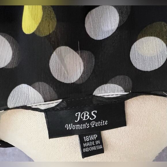 JBS Navy Blue Sheer Polka Dot Blouson Dress Yellow & White Dots Ruffled Hem 18WP - Picture 8 of 10